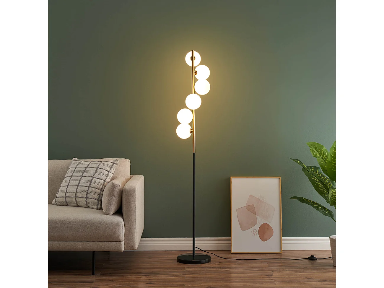 Lampadaire design noir et laiton sphères blanches - Sierra