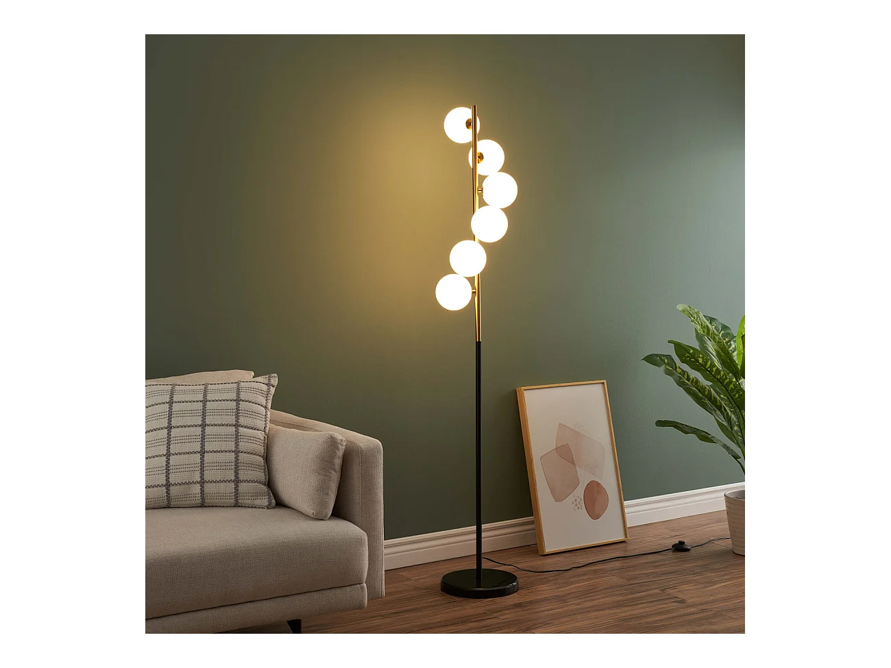 Lampadaire design noir et laiton sphères blanches - Sierra