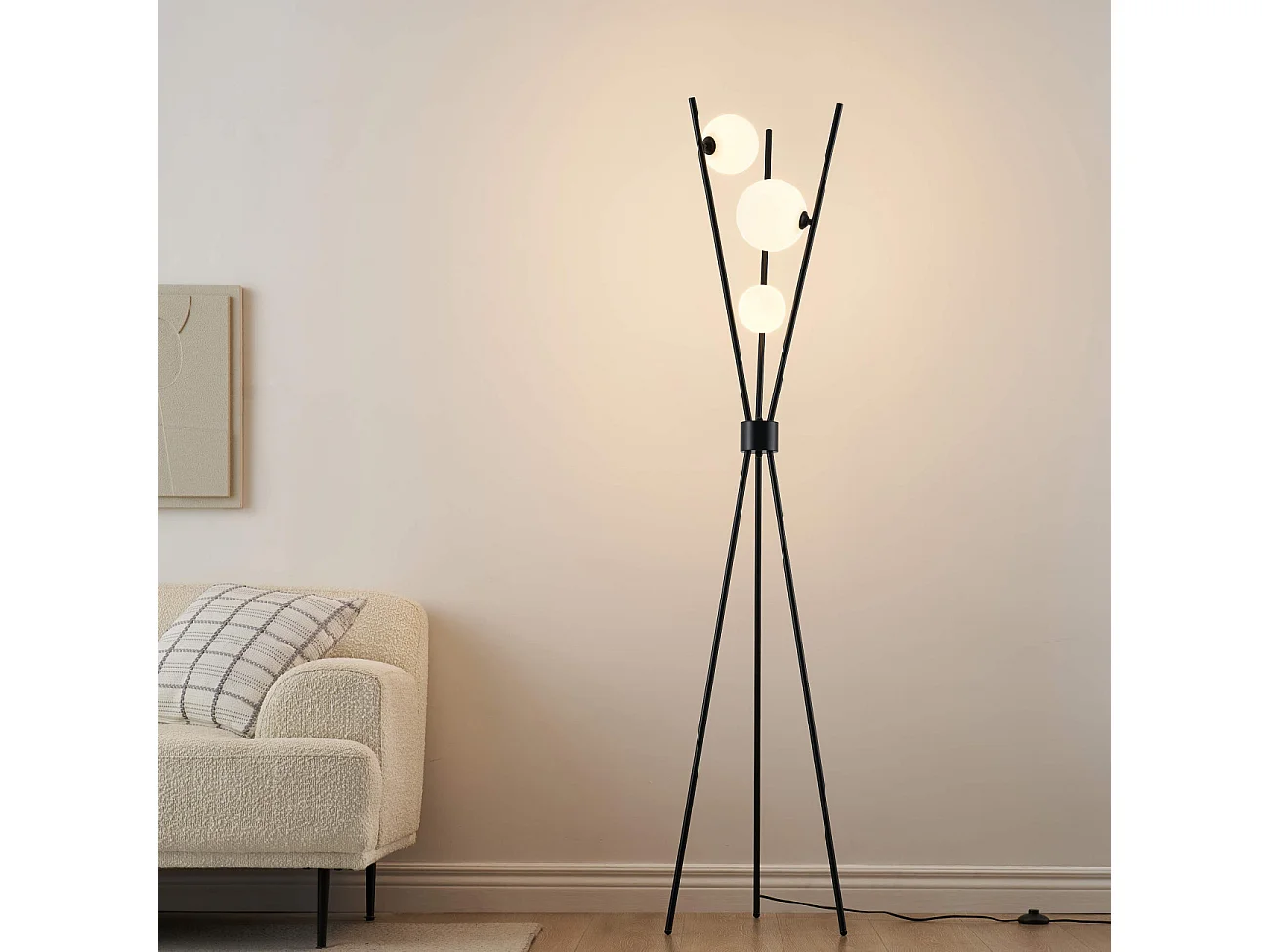 Lampadaire trépied noir boules blanches - Phoebe