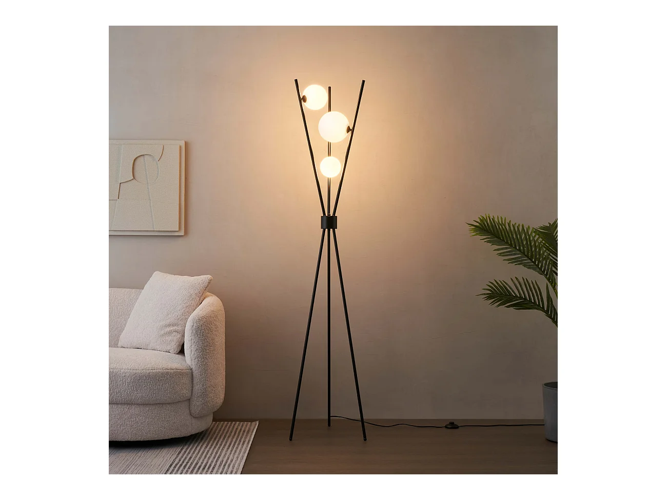 Lampadaire trépied noir boules blanches - Phoebe