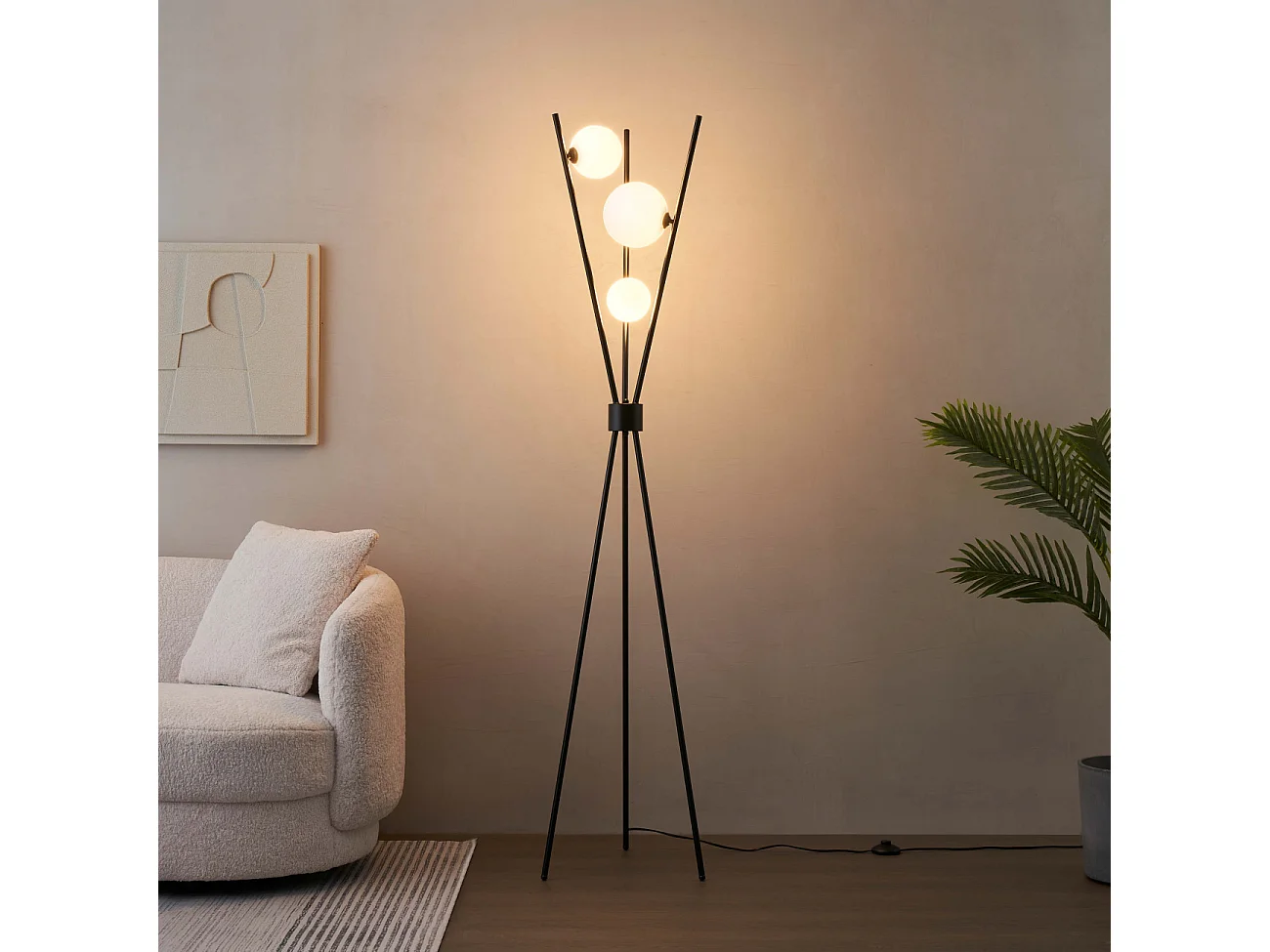 Lampadaire trépied noir boules blanches - Phoebe
