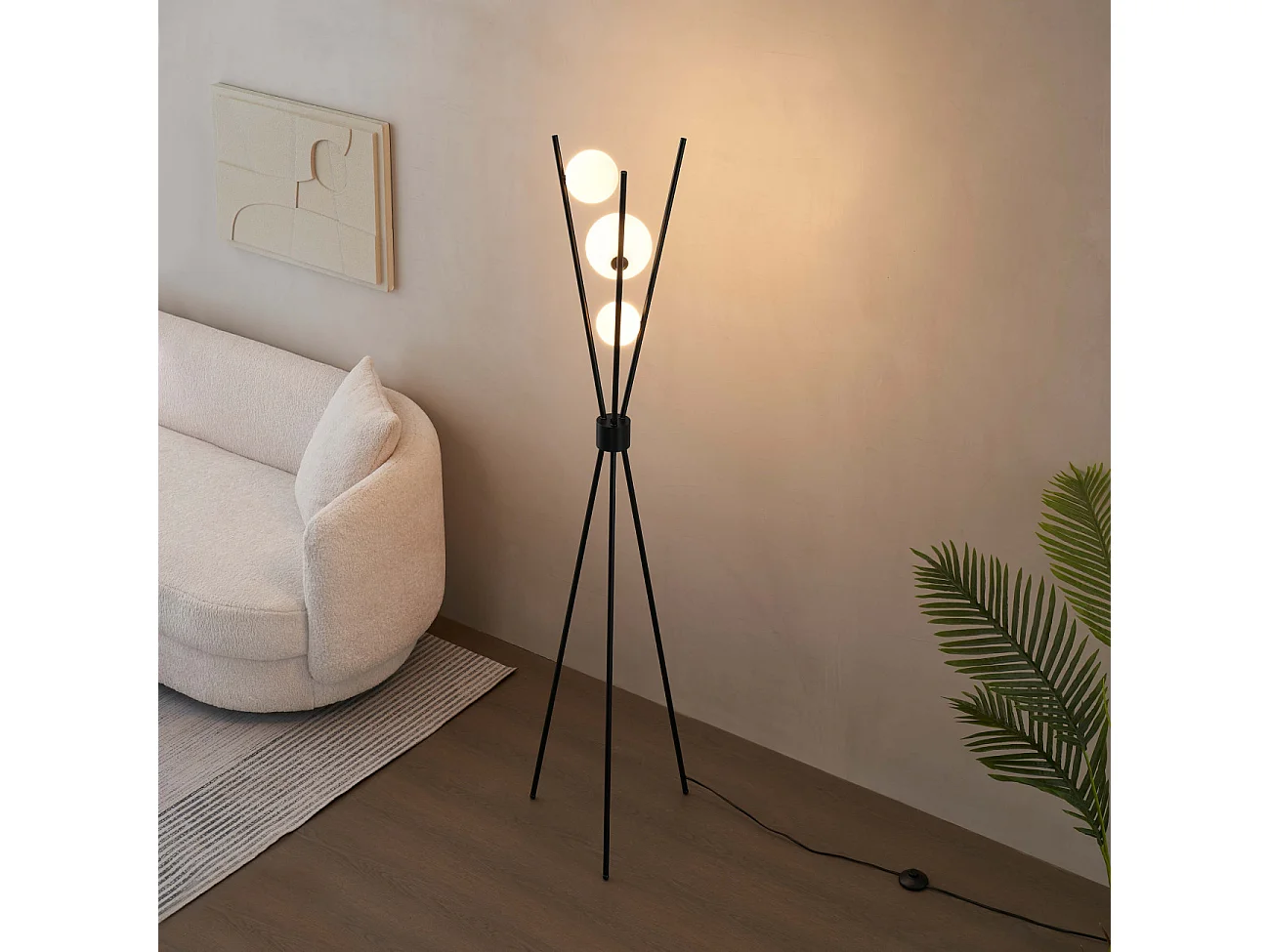 Lampadaire trépied noir boules blanches - Phoebe