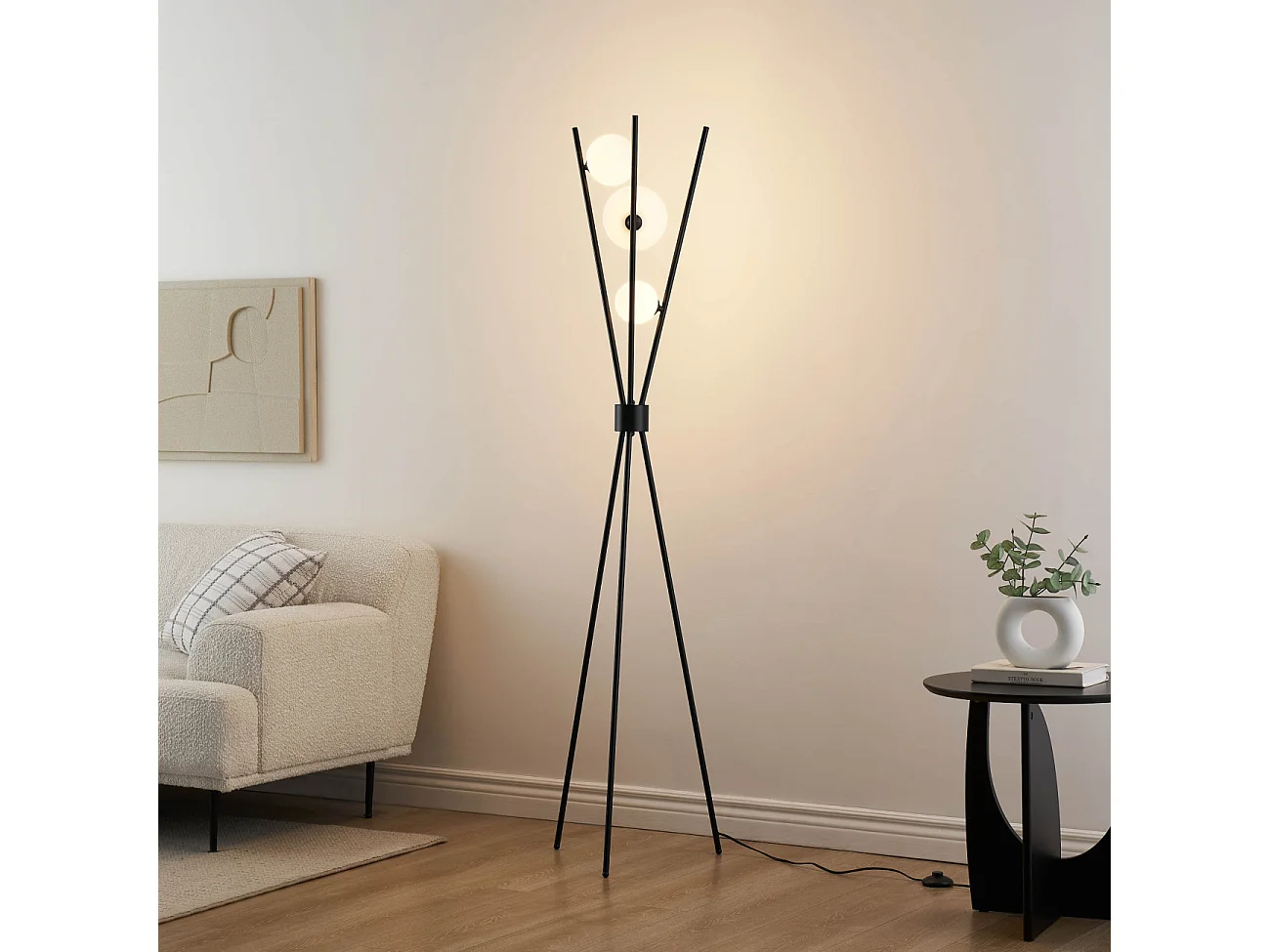 Lampadaire trépied noir boules blanches - Phoebe