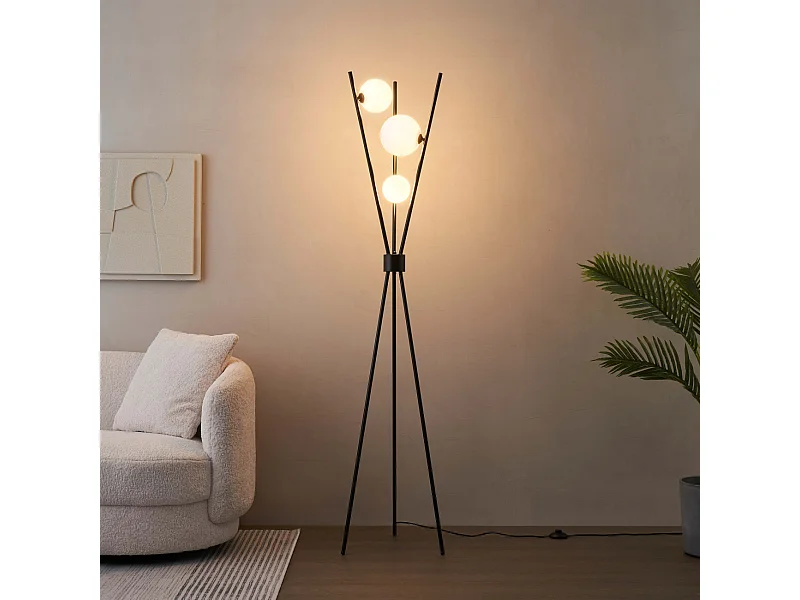 Lampadaire trépied noir boules blanches - Phoebe