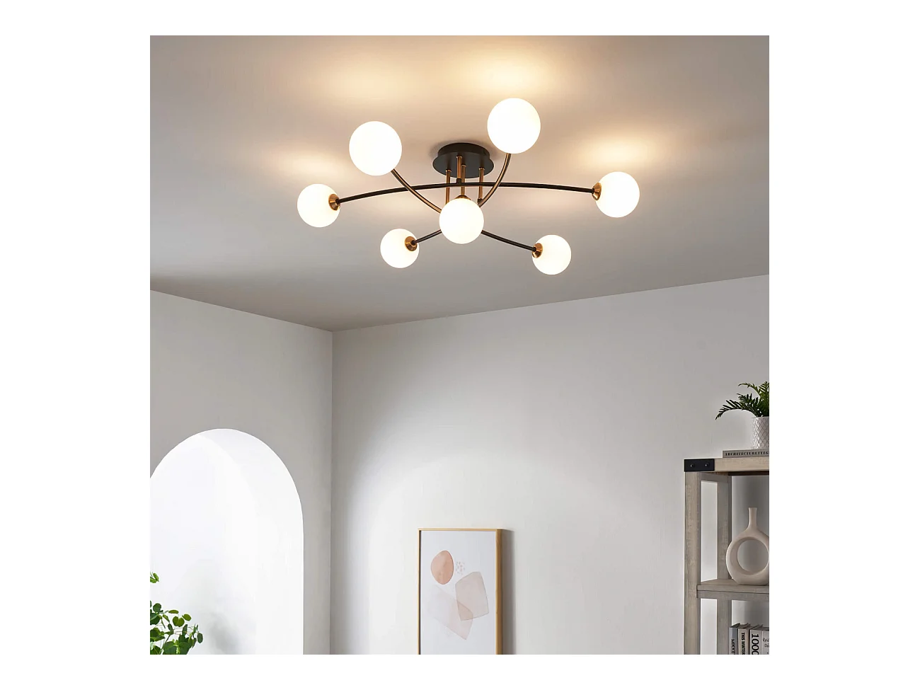 Plafonnier tendance métal noir et verre blanc - Estrela