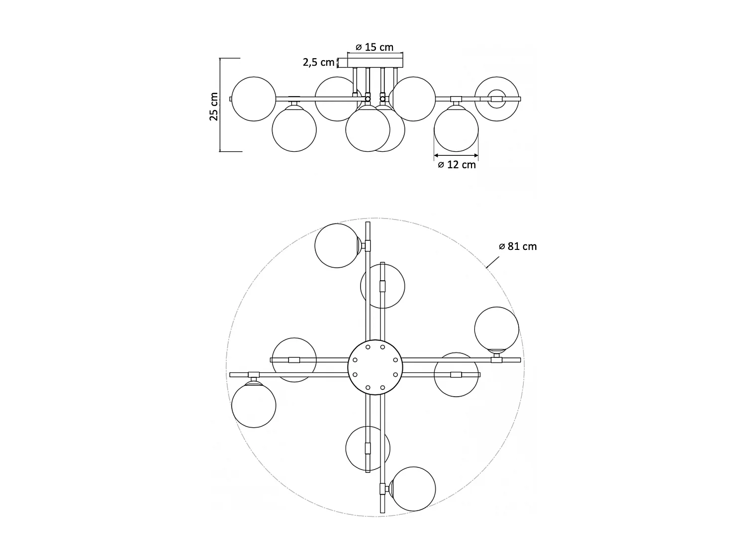Grand plafonnier chaleureux noir et doré à 8 verres blancs - Mattina
