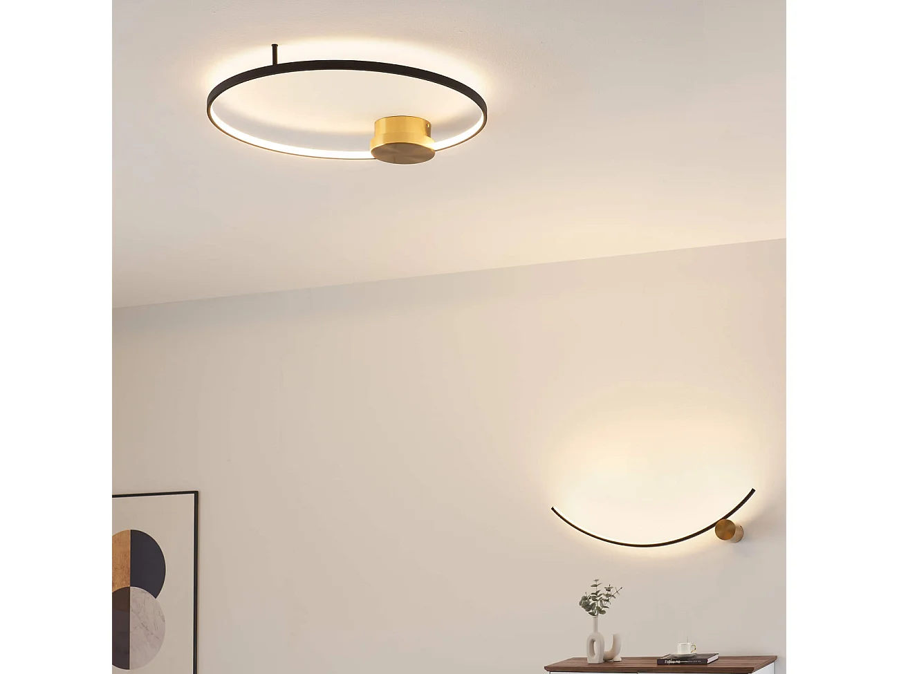 Plafonnier noir et laiton cercle LED dimmable 60 cm - Alisa