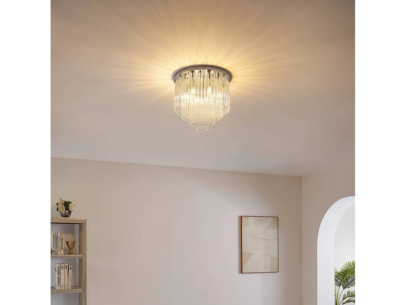 Plafonnier chic chromé en verre cascade de pampille transparentes - Sandrilla