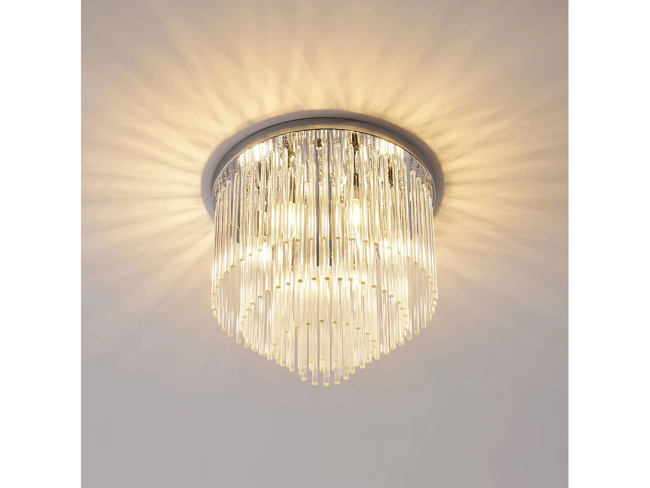 Plafonnier chic chromé en verre cascade de pampille transparentes - Sandrilla