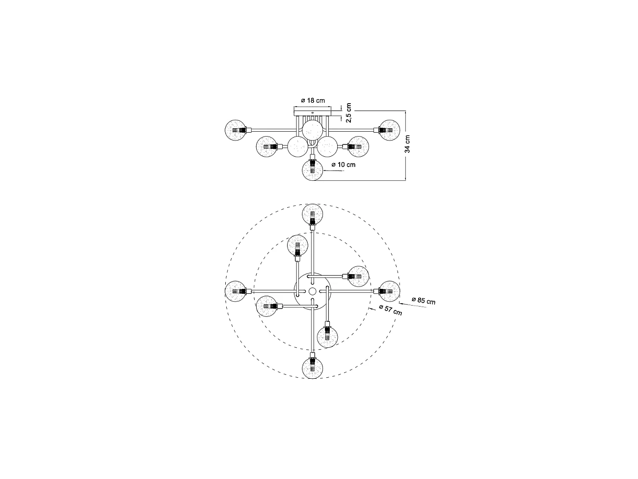 Plafonnier moderne noir et doré 9 boules en verre ambré - Merano