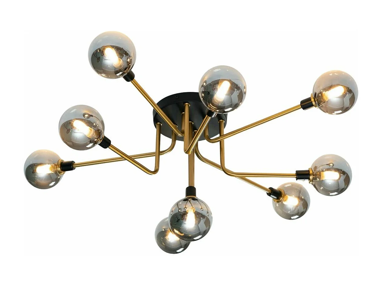 Plafonnier moderne noir et doré 9 boules en verre ambré - Merano