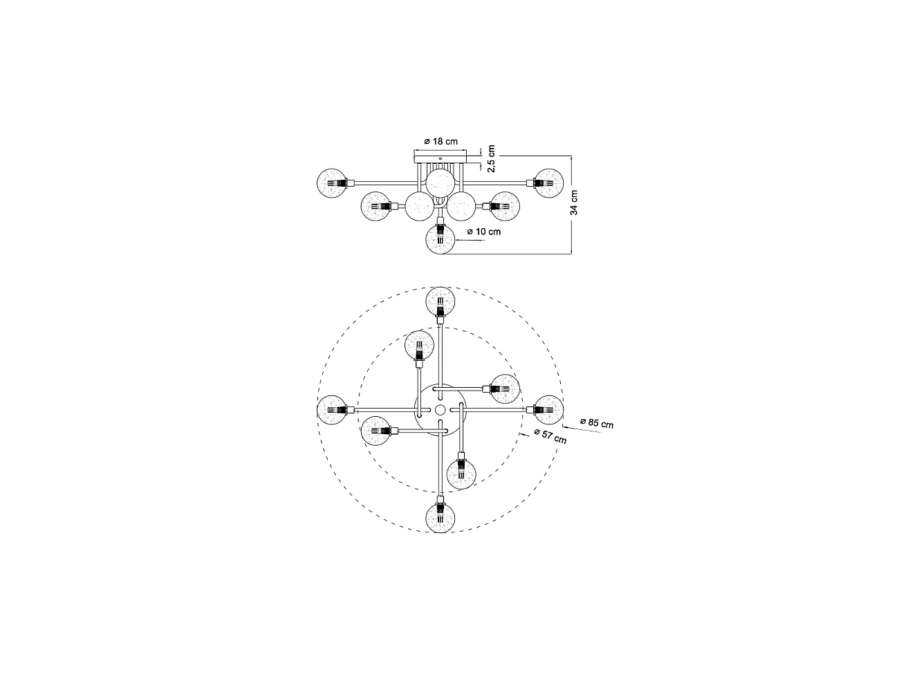 Plafonnier moderne noir et doré 9 boules en verre ambré - Merano