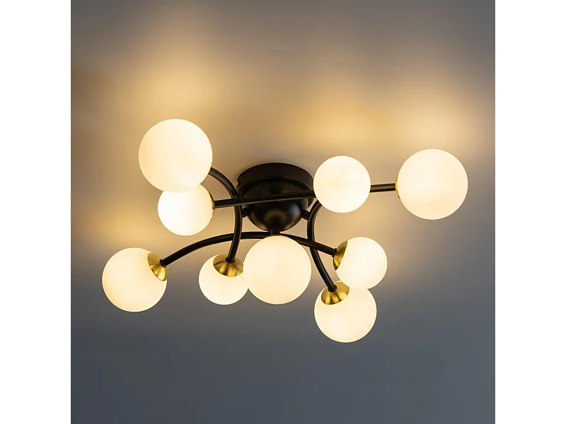 Plafonnier à bras courbés design noir 9 verres blancs - Azoria