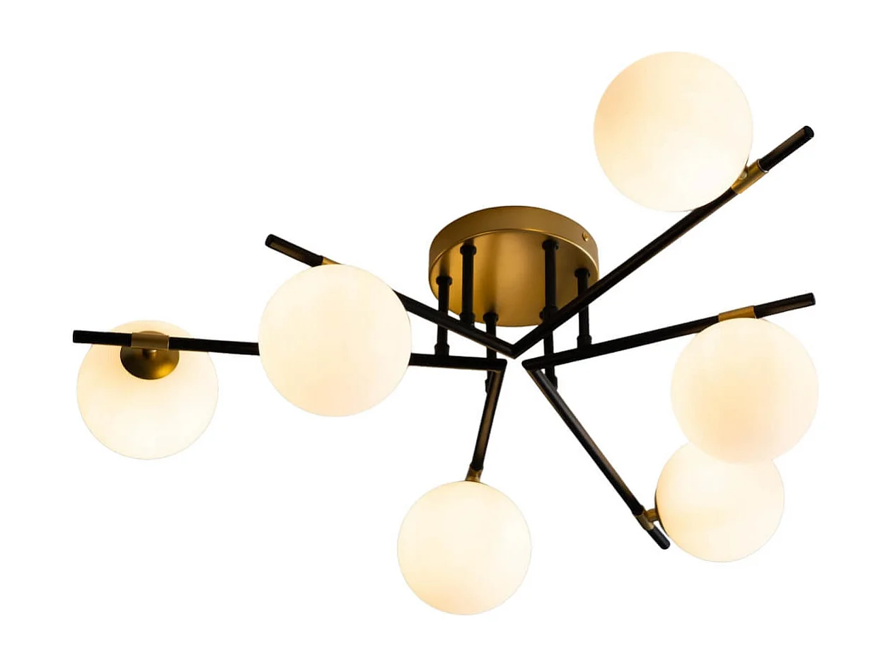 Plafonnier chaleureux noir et doré à 6 verres blancs - Mattina