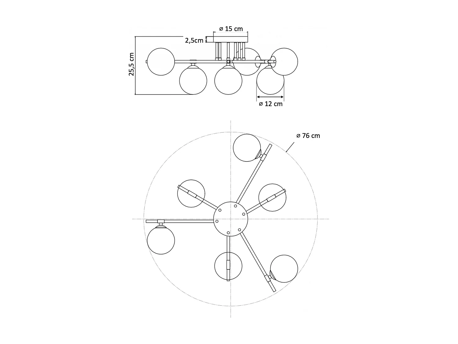 Plafonnier chaleureux noir et doré à 6 verres blancs - Mattina