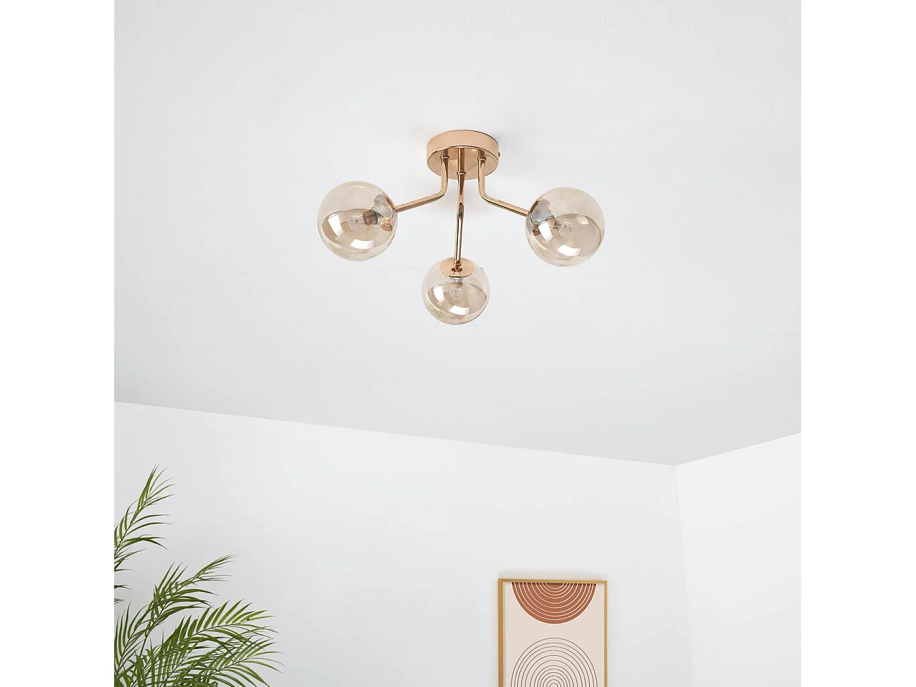 Plafonnier doré à 3 sphères en verre ambré - Ottavia