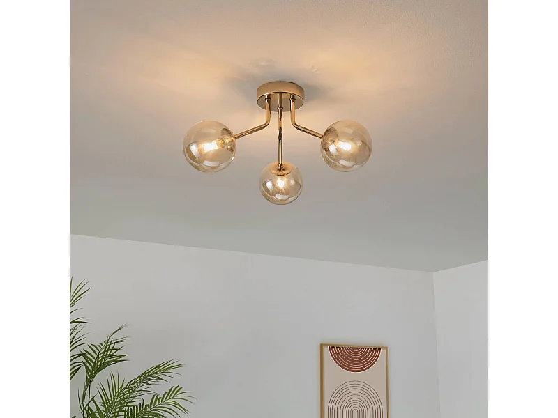 Plafonnier doré à 3 sphères en verre ambré - Ottavia