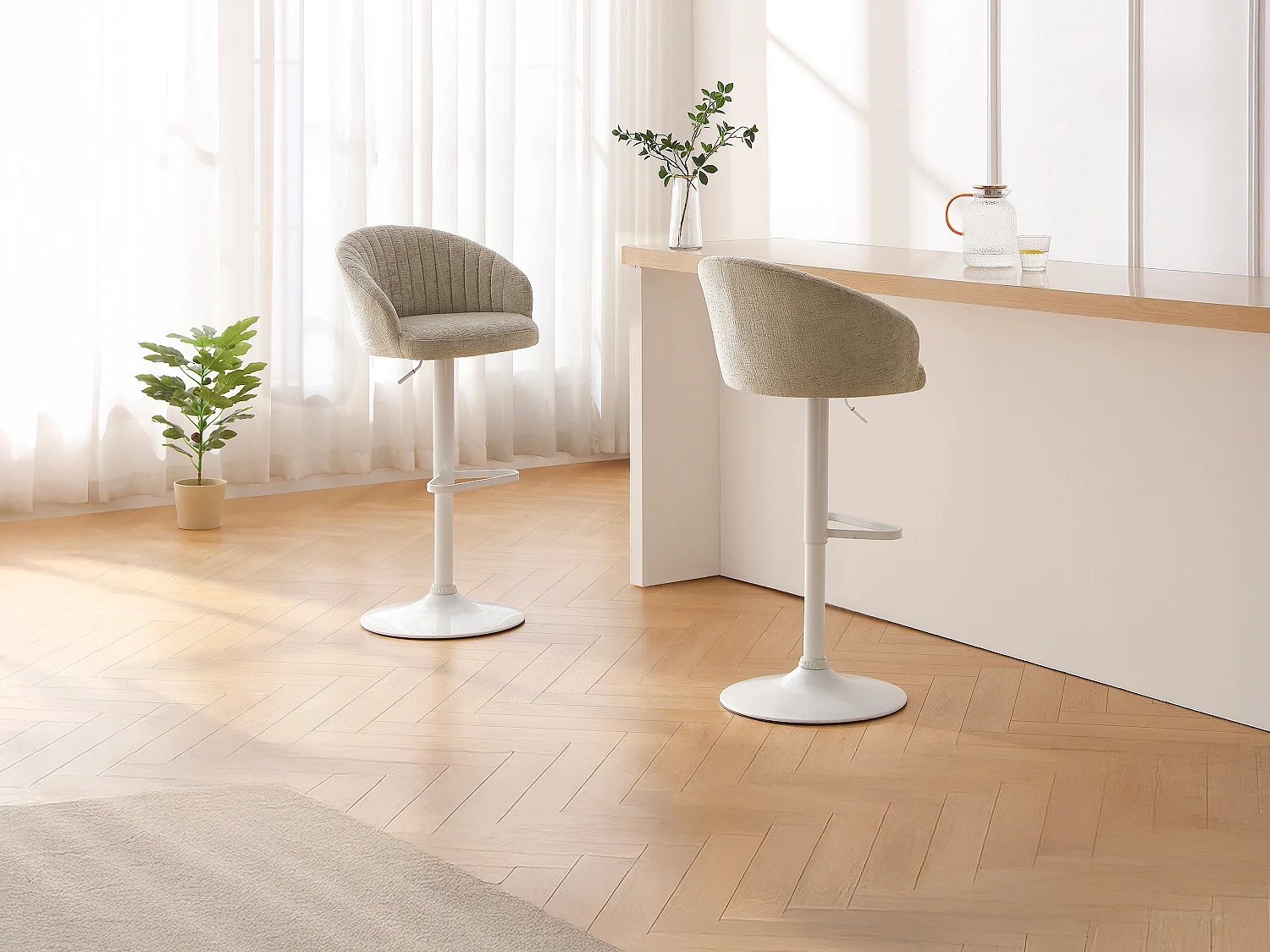 Lot de 2 tabourets de bar en tissu texturé et métal blanc - Hauteur réglable - Crème - DORALIZ