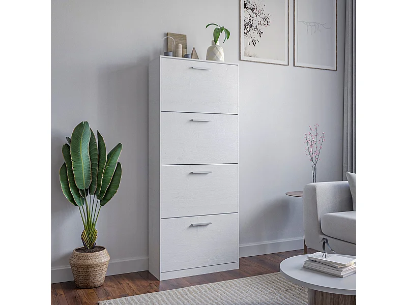 Sapateira de entrada com economia de espaço 4 portas rebatíveis, armário fino de madeira e melamina 63x24x150h, Branco - ZIK