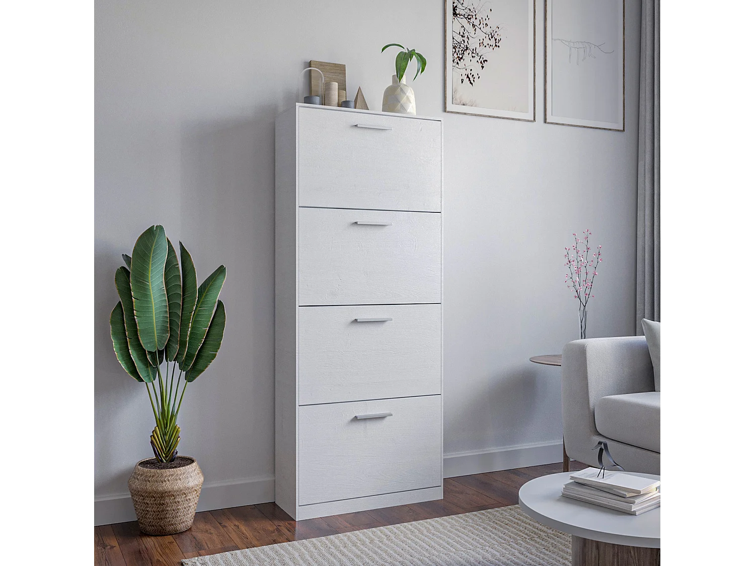 Sapateira de entrada com economia de espaço 4 portas rebatíveis, armário fino de madeira e melamina 63x24x150h, Branco - ZIK