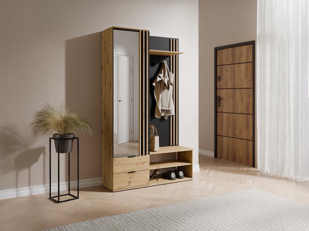 Garderobe mit Spiegel & Stauraum - Holzfarben & Schwarz - JANAKIA günstig online kaufen