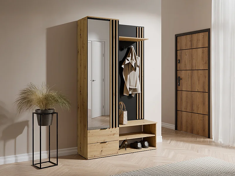 Garderobe met spiegel en opbergruimte - Houtlook en zwart - JANAKIA