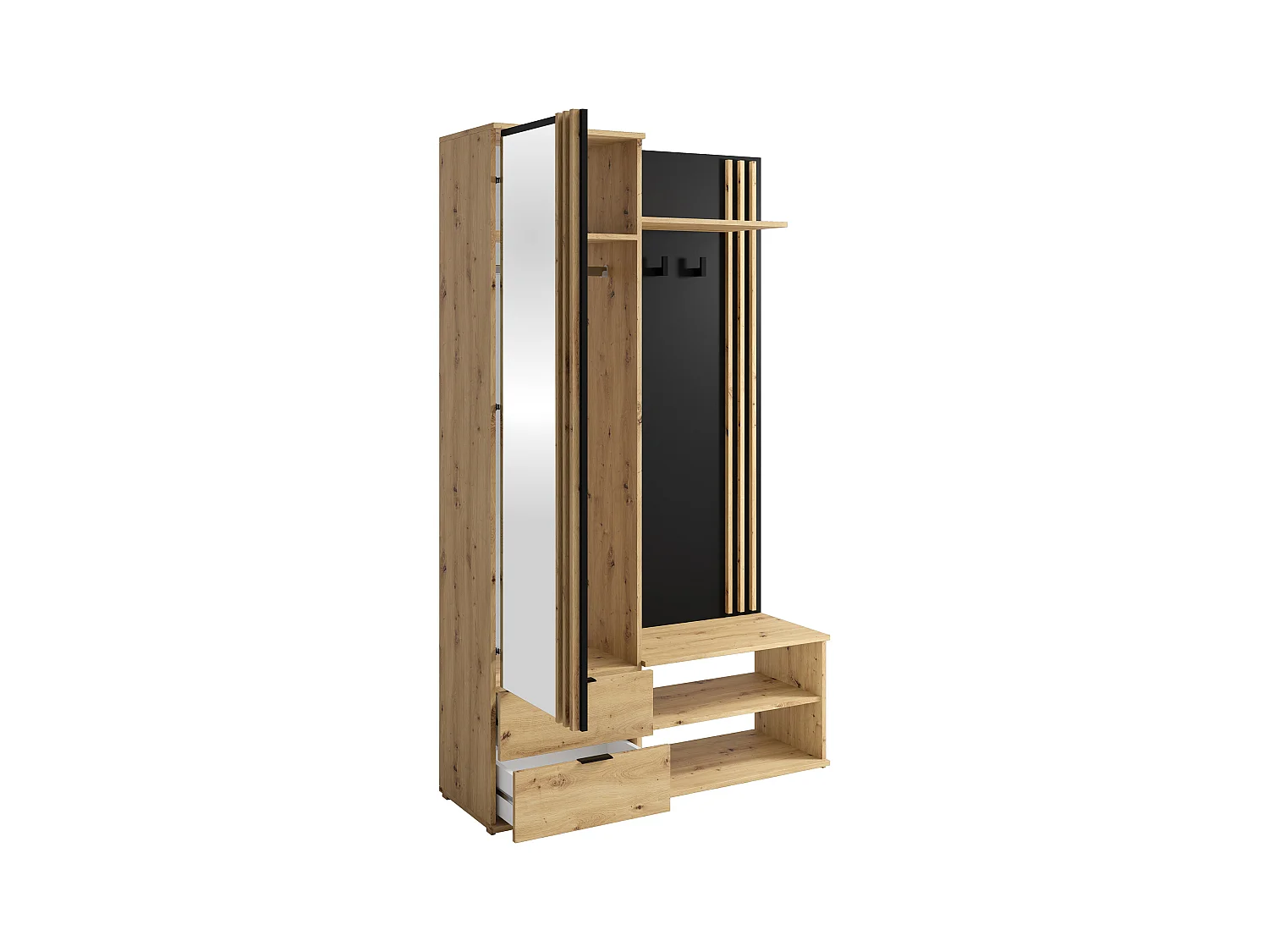 Vestiaire avec miroir et rangements - Naturel et Noir - JANAKIA