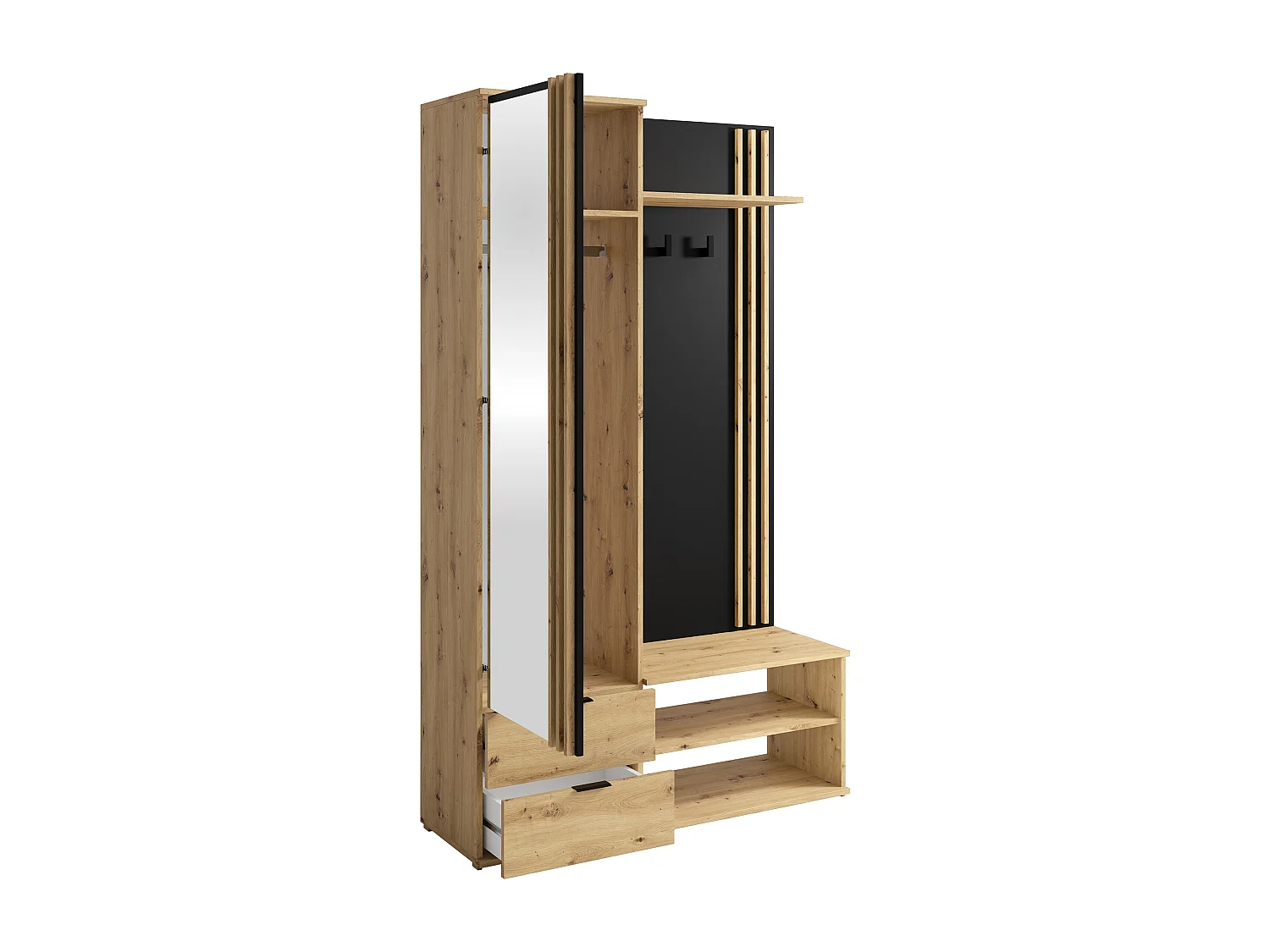 Vestiaire avec miroir et rangements - Naturel et Noir - JANAKIA