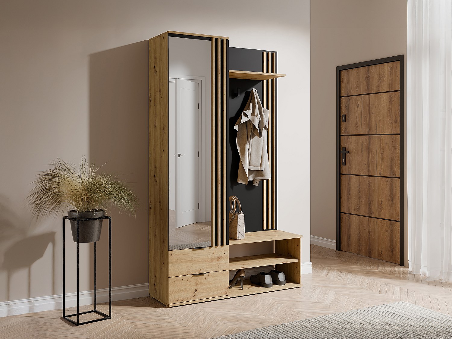 Garderobe med speil og oppbevaring i naturlig og svart JANAKIA