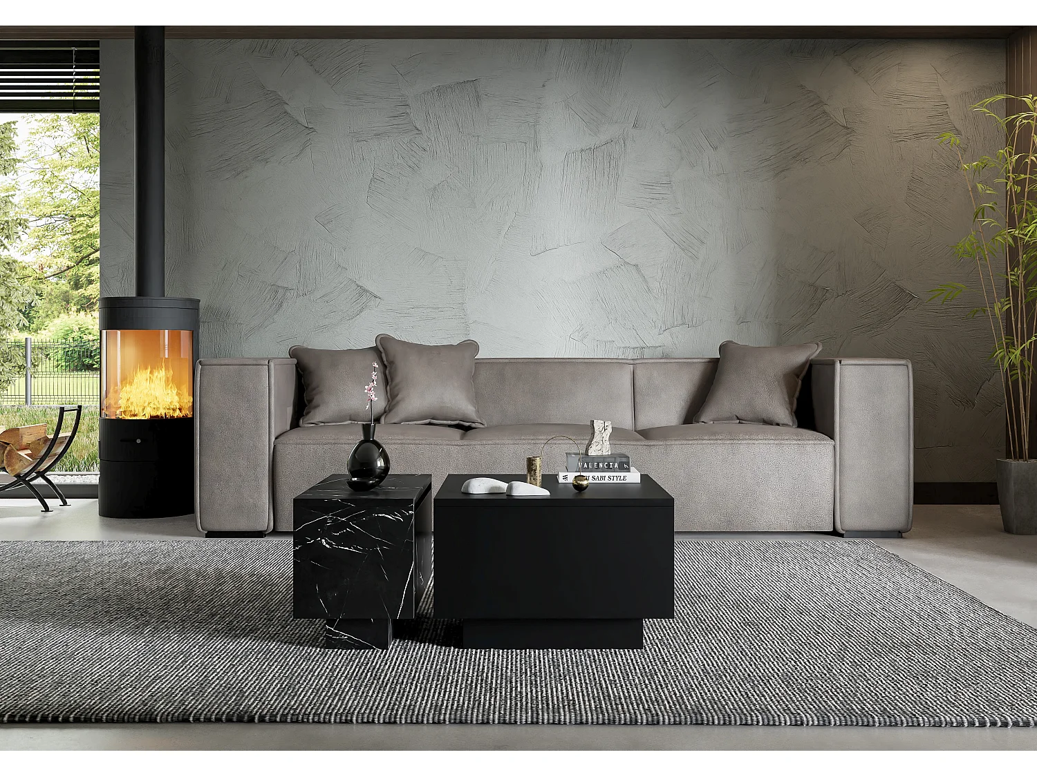 PROROOM FURNITURE - Couchtisch Schwarz Marmoroptik - Moon - Sofatisch 30x60 cm - Kaffeetisch mit Stauraum - Kleiner Tisch für Wohnzimmer - Modern Coffee Table