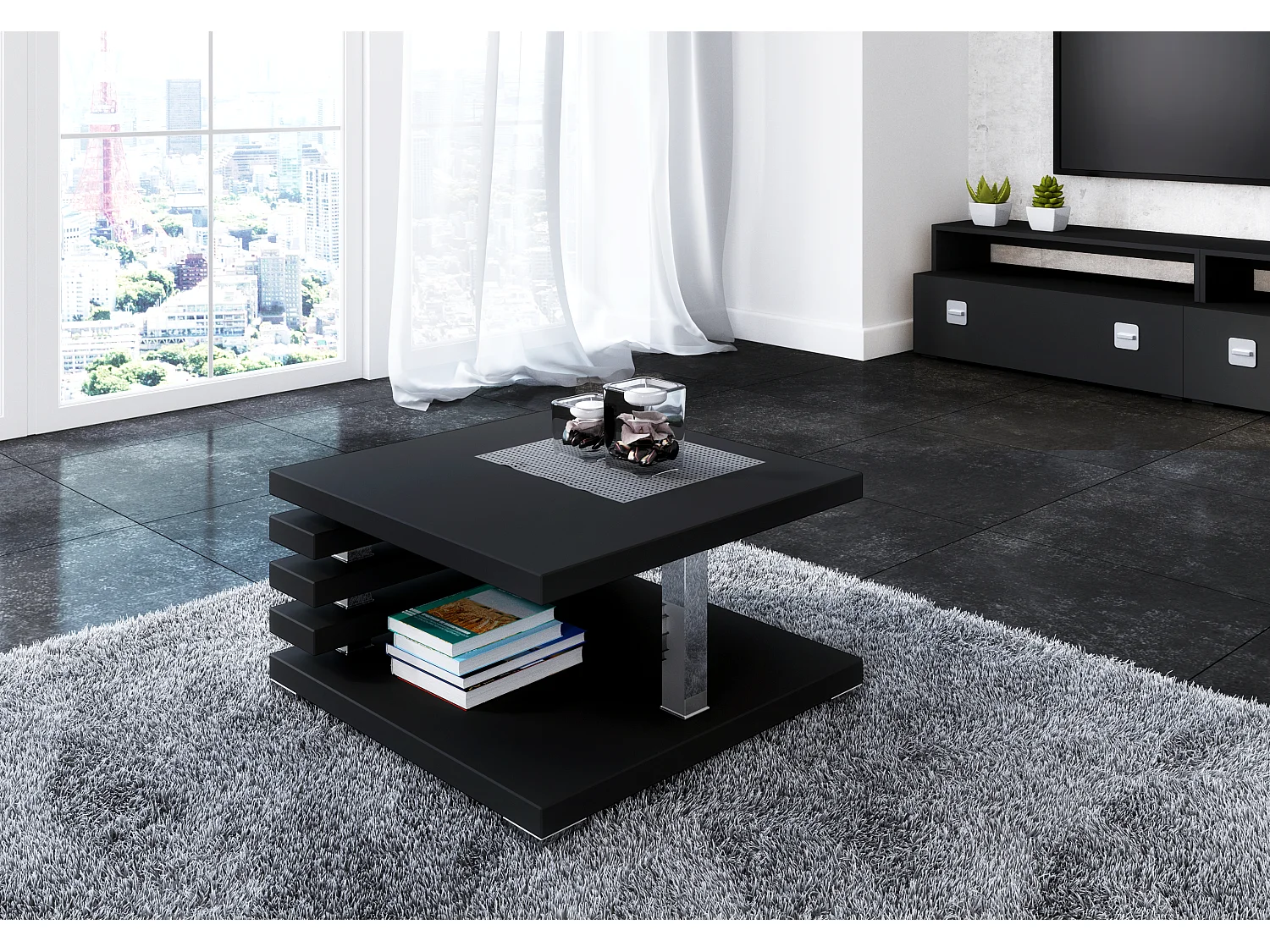 PROROOM FURNITURE - Kyoto - Kaffeetisch 60x60 Höhe 31 cm - Sofatisch Quadratisch - Coffee Table - Wohnzimmertisch Modern - Kleiner Couchtisch mit Stauraum - Schwarz