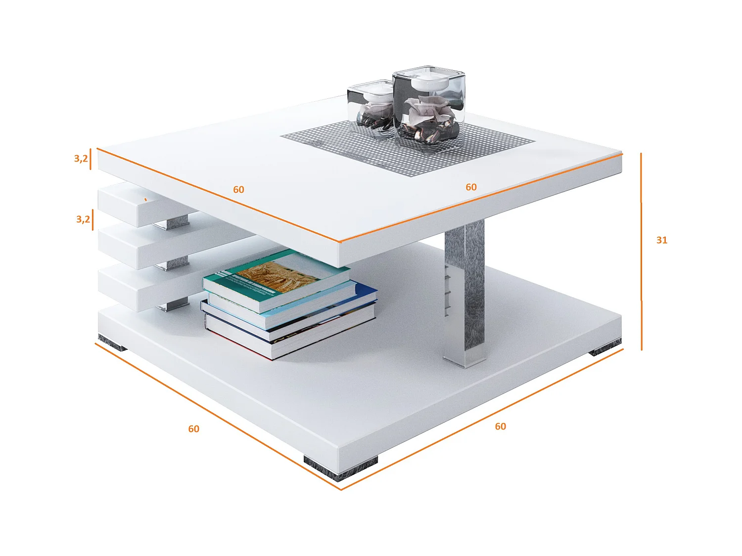 PROROOM FURNITURE - Kyoto - Kaffeetisch 60x60 Höhe 31 cm - Sofatisch Quadratisch - Coffee Table - Wohnzimmertisch Modern - Kleiner Couchtisch mit Stauraum - Weiß