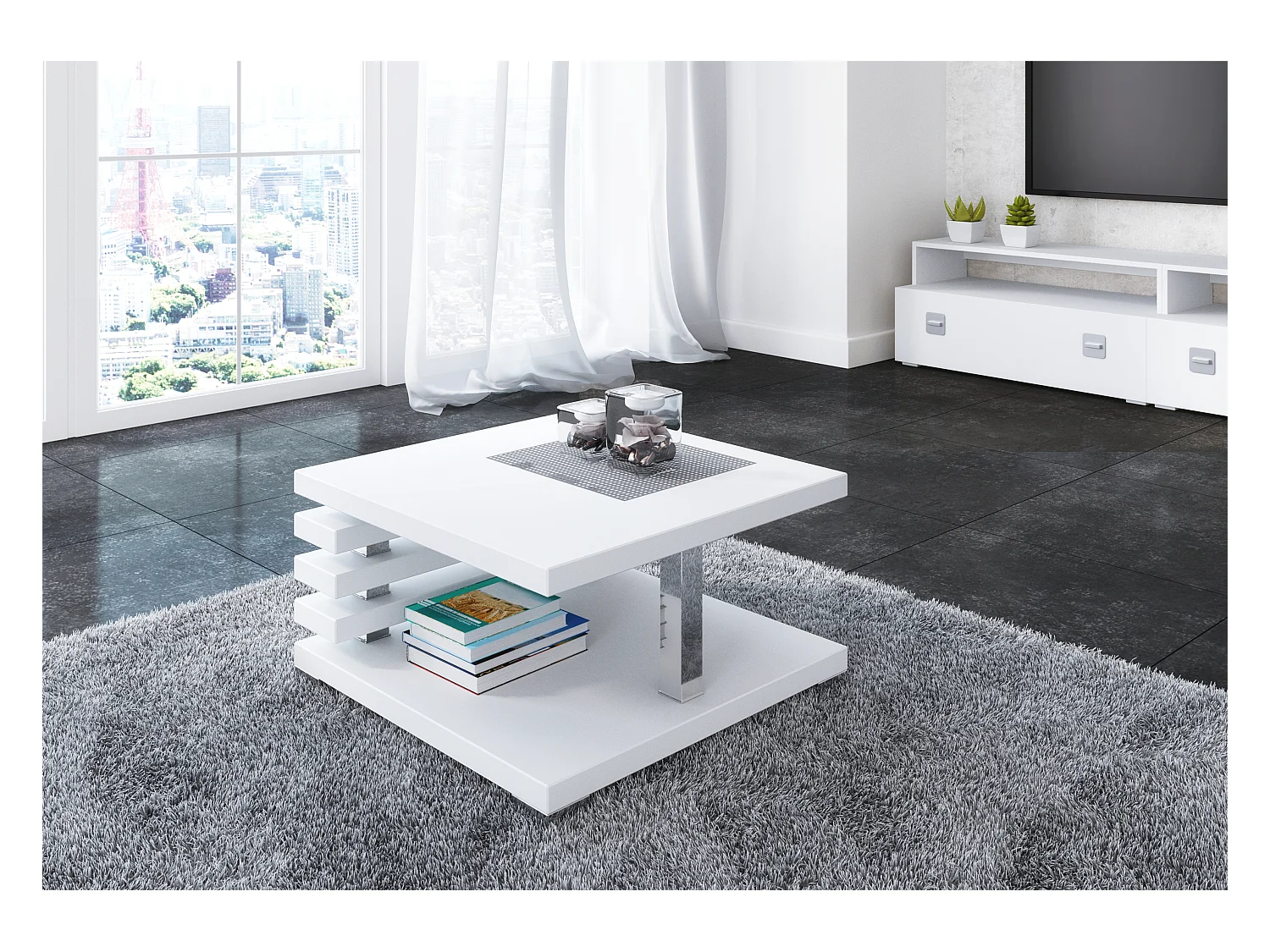 PROROOM FURNITURE - Kyoto - Kaffeetisch 60x60 Höhe 31 cm - Sofatisch Quadratisch - Coffee Table - Wohnzimmertisch Modern - Kleiner Couchtisch mit Stauraum - Weiß