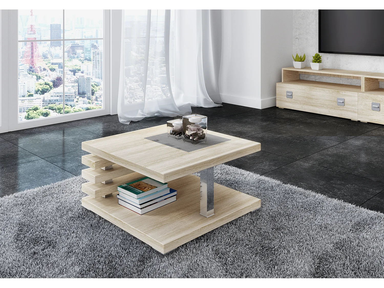 PROROOM FURNITURE - Kyoto - Kaffeetisch 60x60 Höhe 31 cm - Sofatisch Quadratisch - Coffee Table - Wohnzimmertisch Modern - Kleiner Couchtisch mit Stauraum - Sonoma