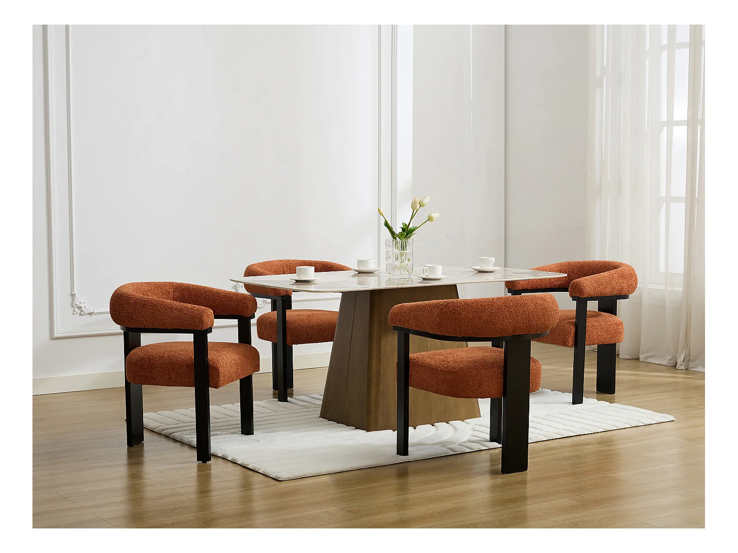 Lot de 6 chaises avec accoudoirs en tissu bouclette et bois d'hévéa noir - Terracotta - LIVELIA de Pascal MORABITO