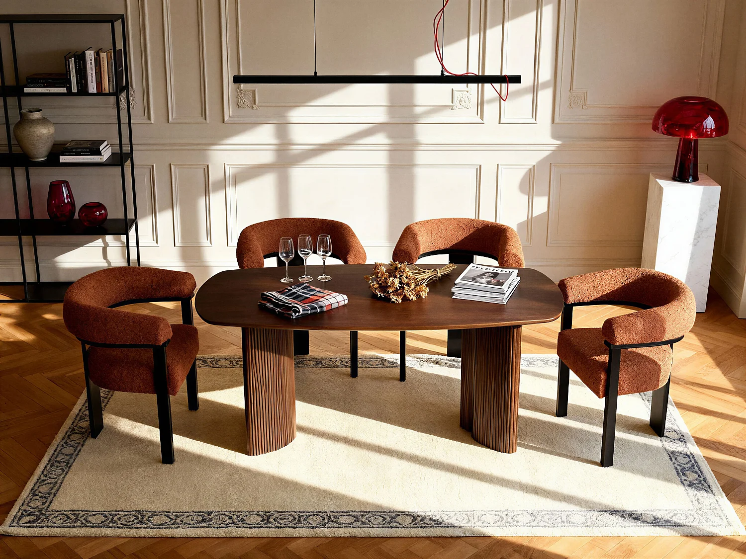 Lot de 6 chaises avec accoudoirs en tissu bouclette et bois d'hévéa noir - Terracotta - LIVELIA de Pascal MORABITO