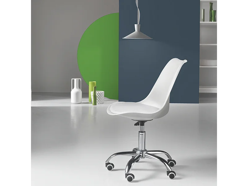 Weißer Bürodrehstuhl "Dorian" aus Polypropylen mit Sitz aus Kunstleder und verchromtem Metallgestell cm 49x47 82/96h