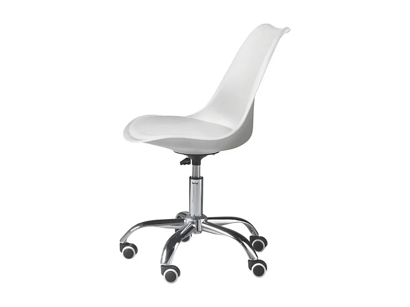 Biały obrotowy fotel biurowy "Dorian" z polipropylenu z siedziskiem ze skóry ekologicznej i chromowaną metalową podstawą cm 49x47 82/96h