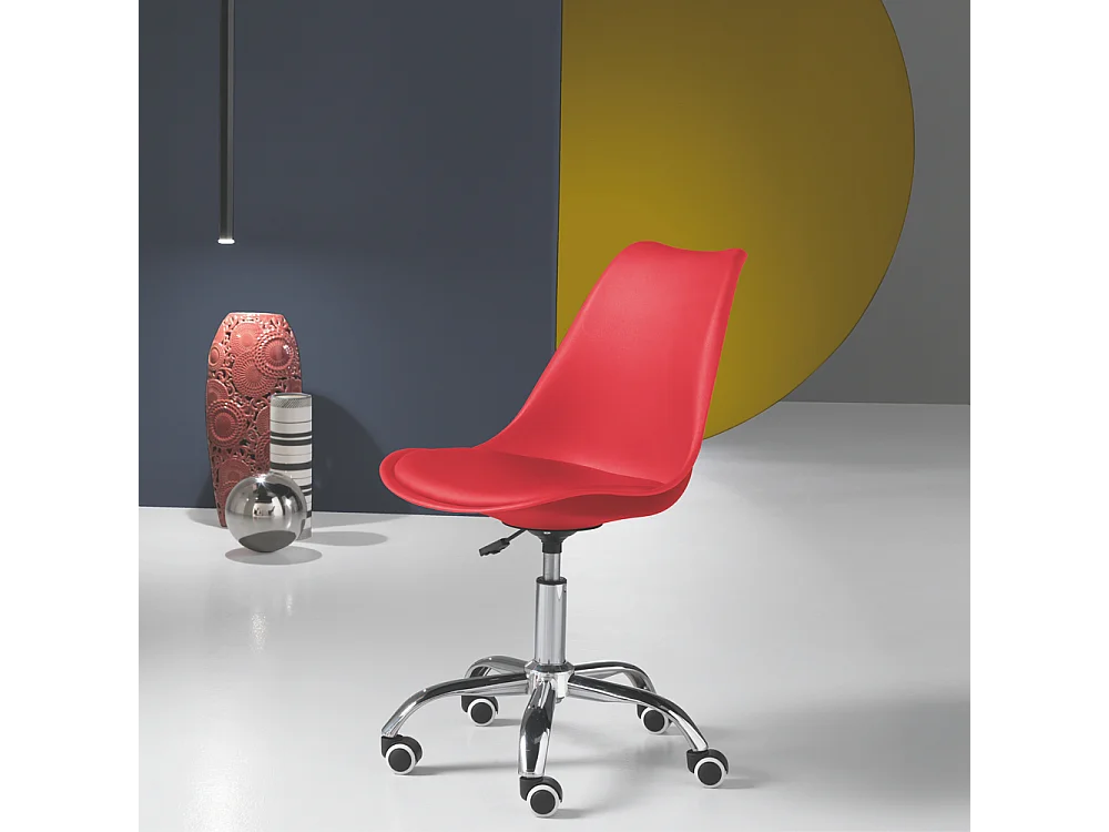 Cadeira de escritório giratória vermelha "Dorian" em polipropileno com assento em ecopele e base em metal cromado cm 49x47 82/96h