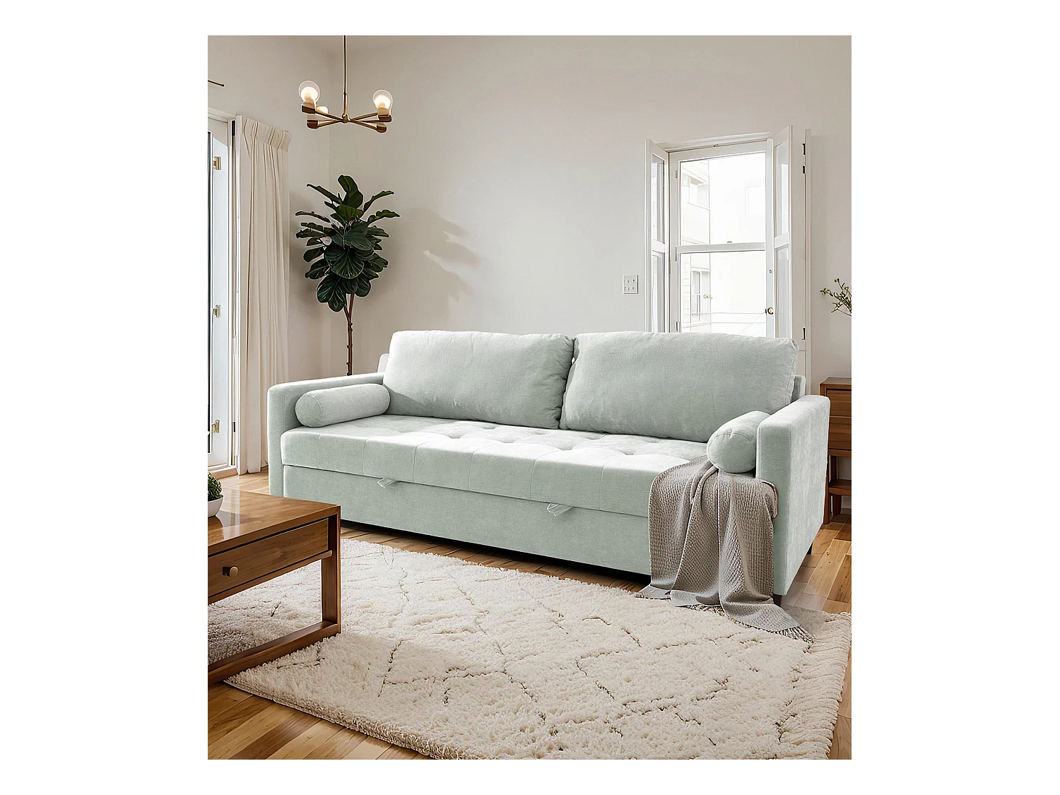 Sofá cama de 90x210x90-152 cm de tela super soft en color ártico y patas negras Loli