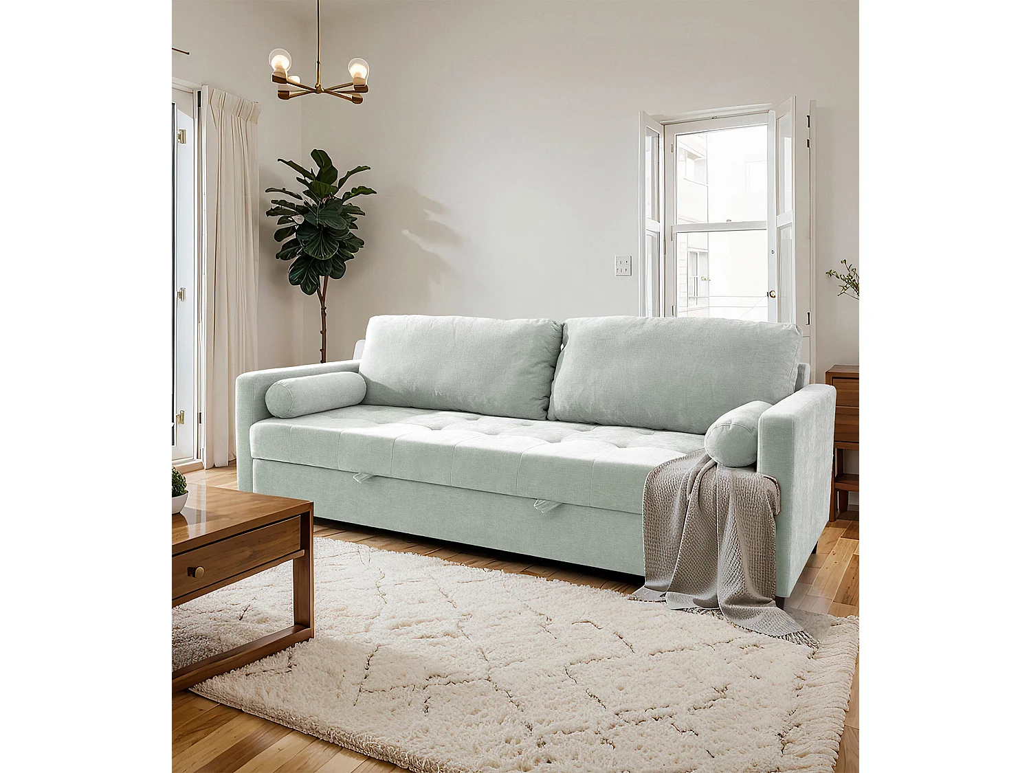 Sofá cama de 90x210x90-152 cm de tela super soft en color ártico y patas negras Loli