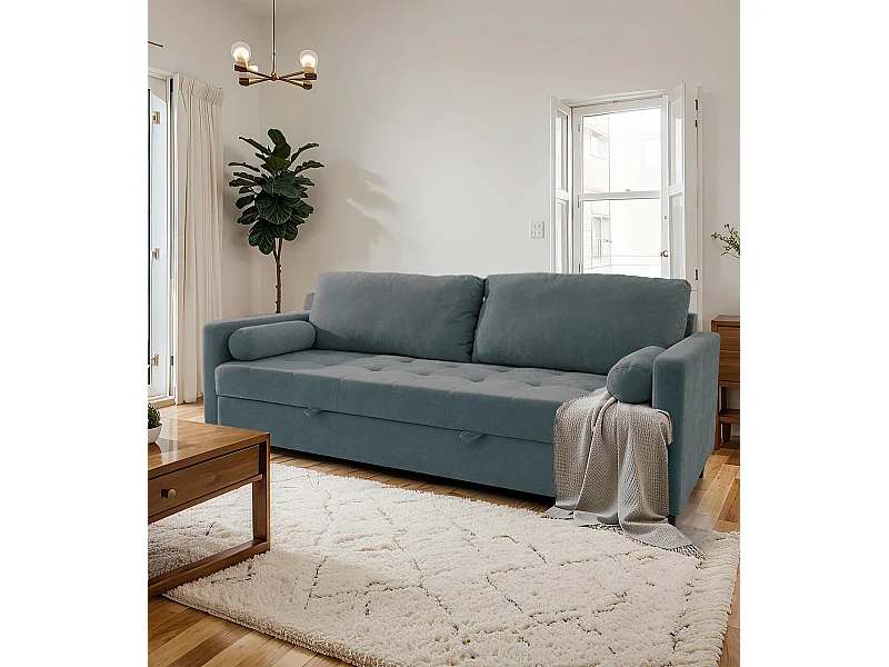 Sofá cama de 90x210x90-152 cm de tela super soft en color azul y patas negras Loli