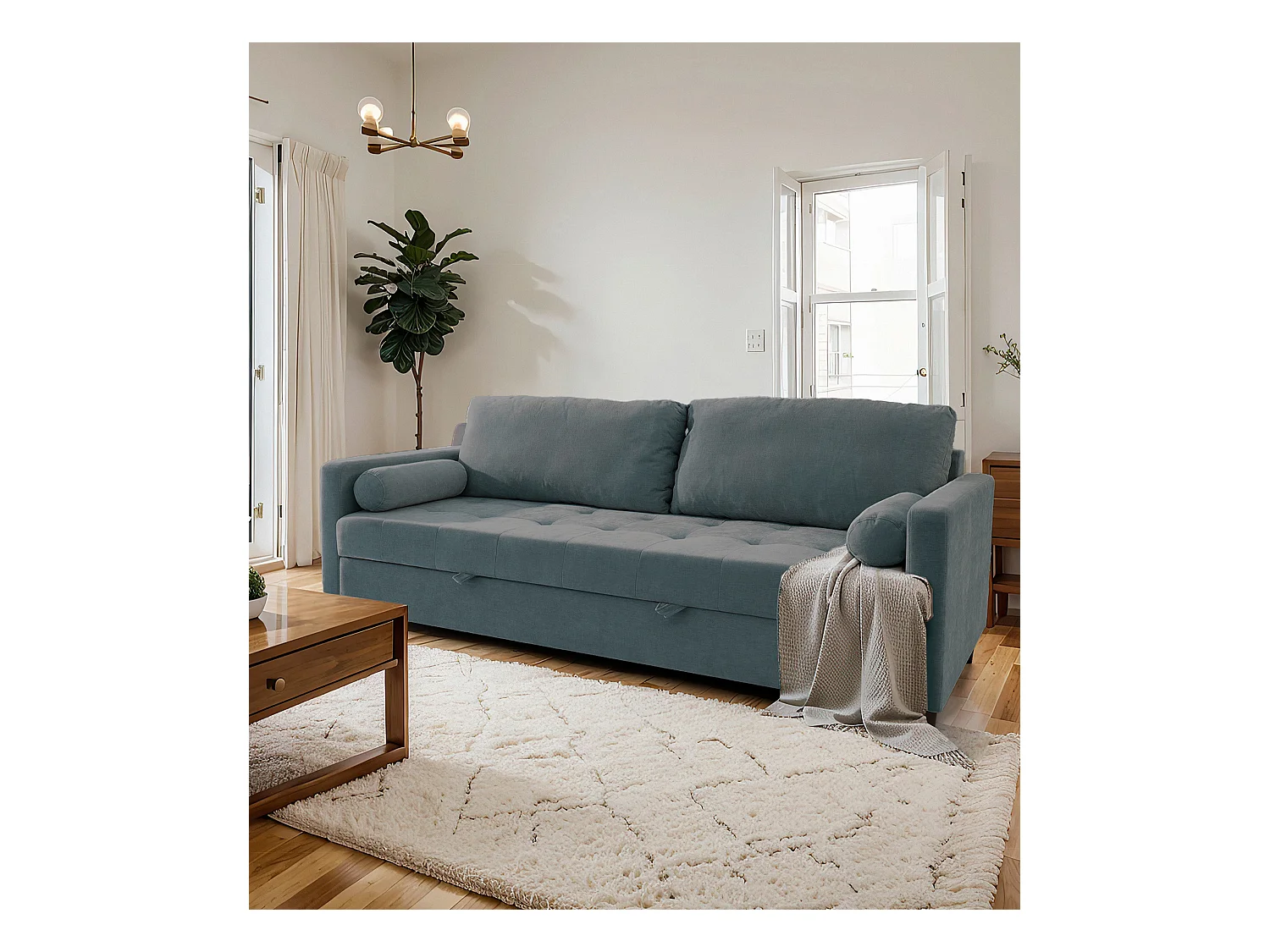 Sofá cama de 90x210x90-152 cm de tela super soft en color azul y patas negras Loli