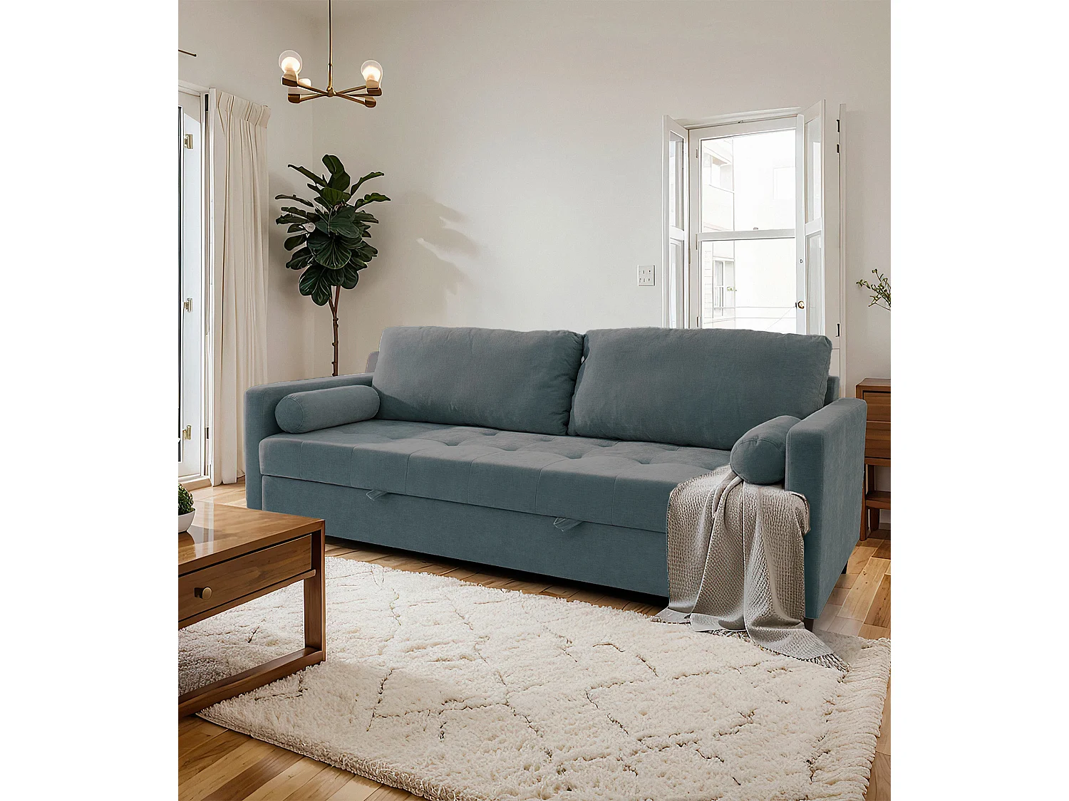 Sofá cama de 90x210x90-152 cm de tela super soft en color azul y patas negras Loli