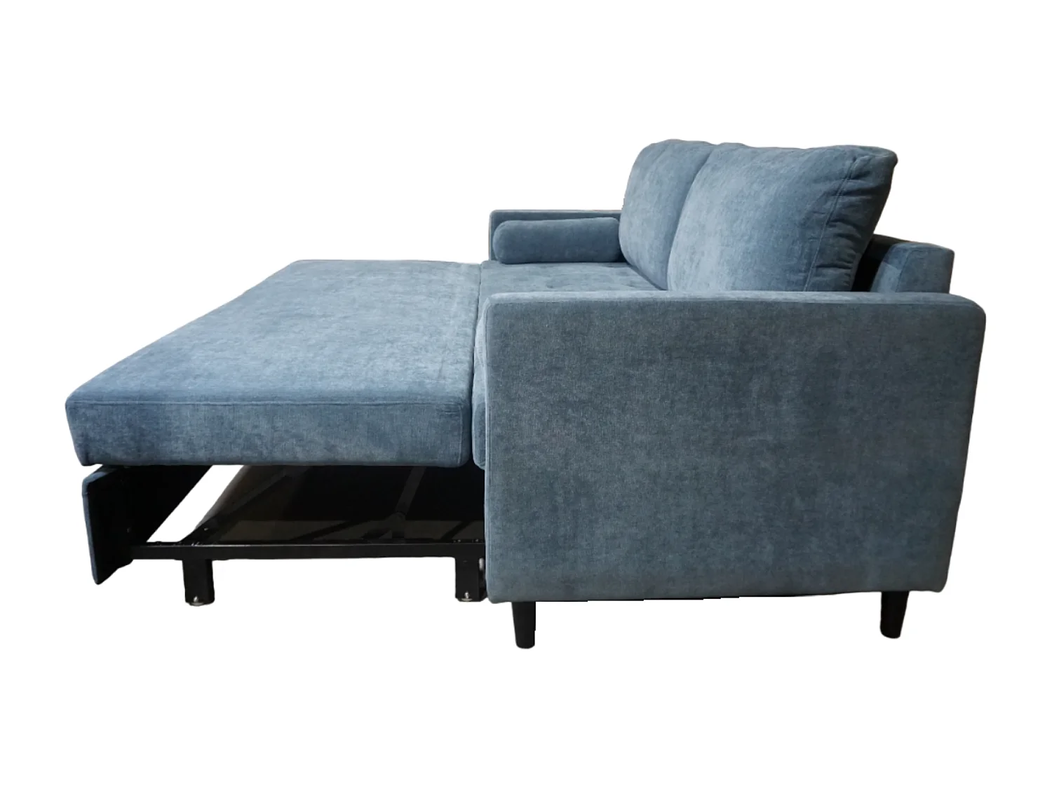 Sofá cama de 90x210x90-152 cm de tela super soft en color azul y patas negras Loli