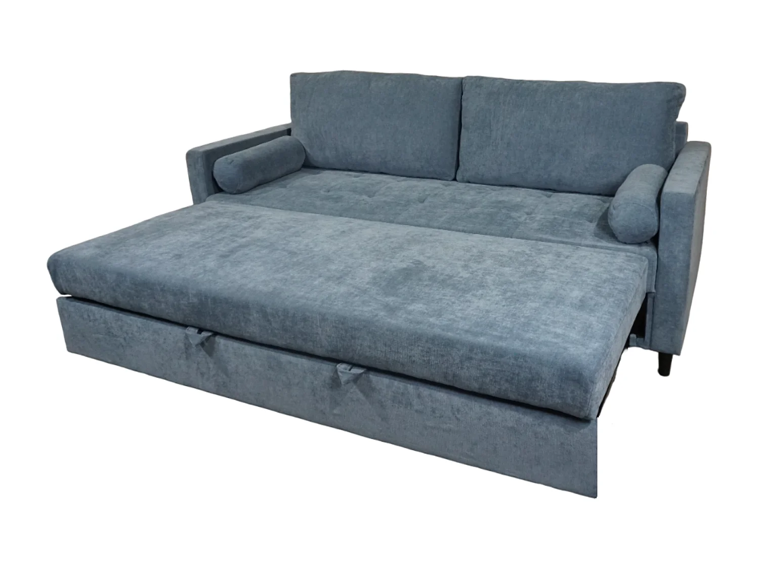 Sofá cama de 90x210x90-152 cm de tela super soft en color azul y patas negras Loli