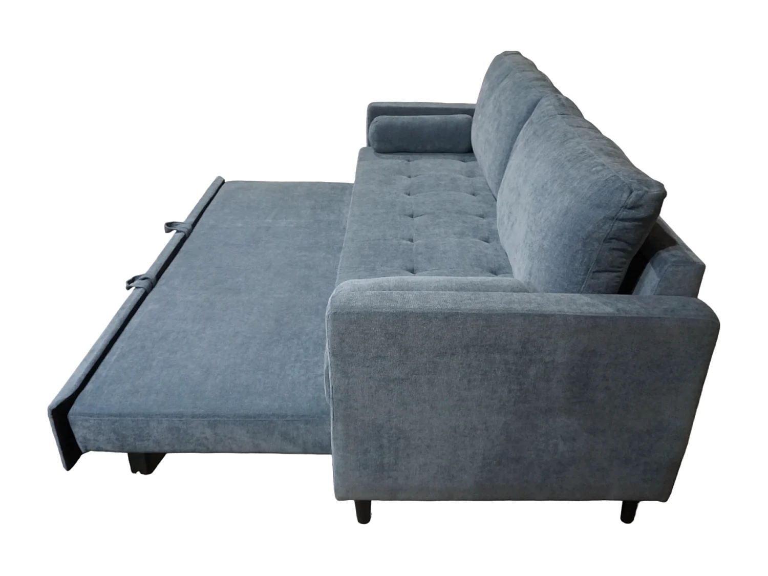 Sofá cama de 90x210x90-152 cm de tela super soft en color azul y patas negras Loli