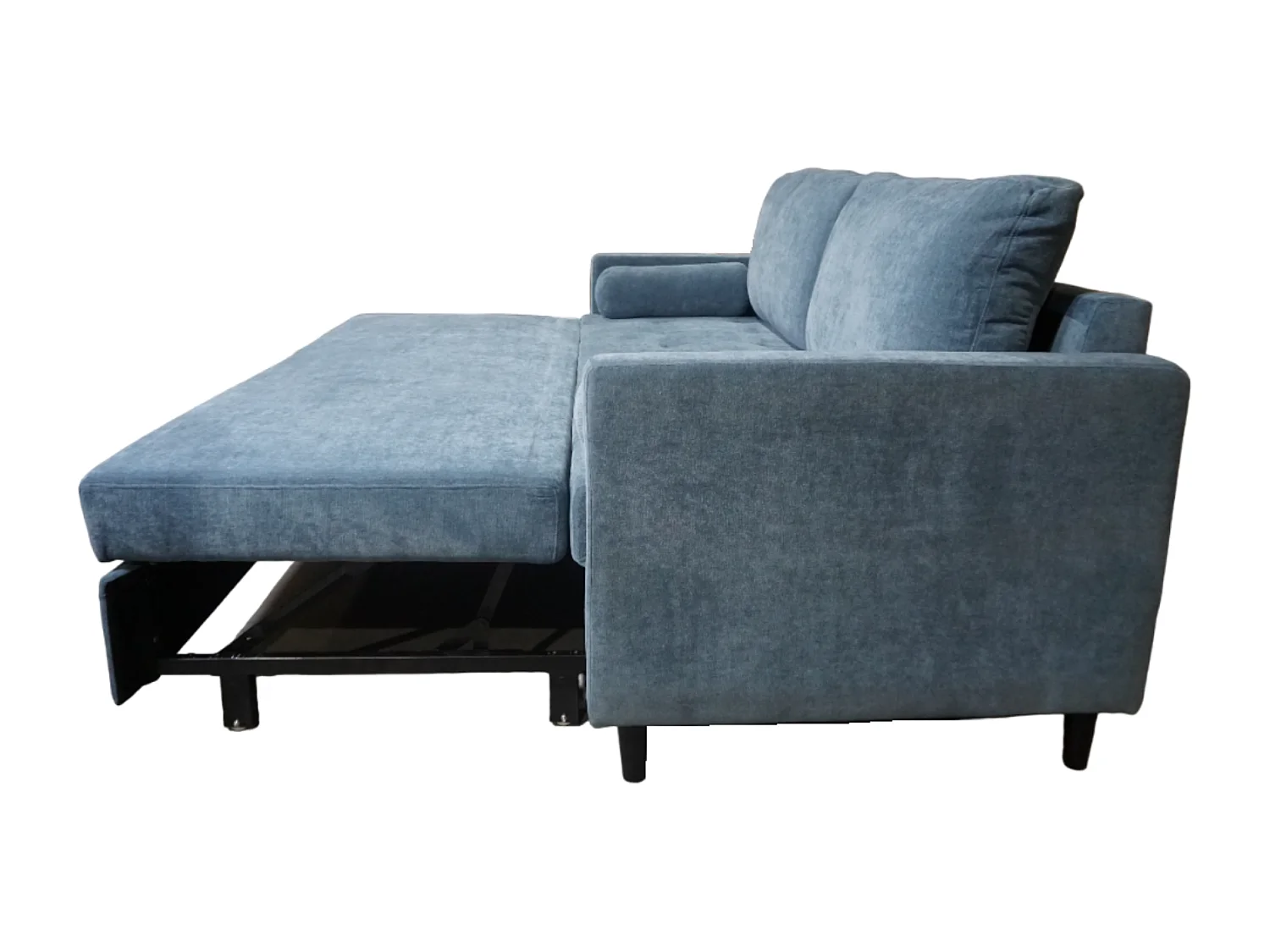 Sofá cama de 90x210x90-152 cm de tela super soft en color azul y patas negras Loli