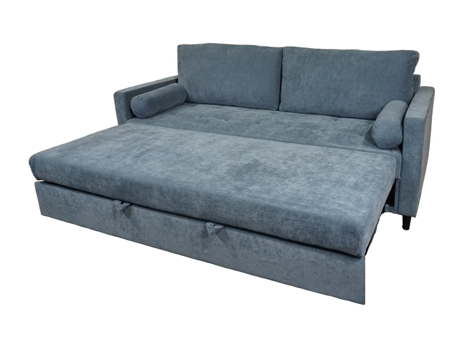 Sofá cama de 90x210x90-152 cm de tela super soft en color azul y patas negras Loli