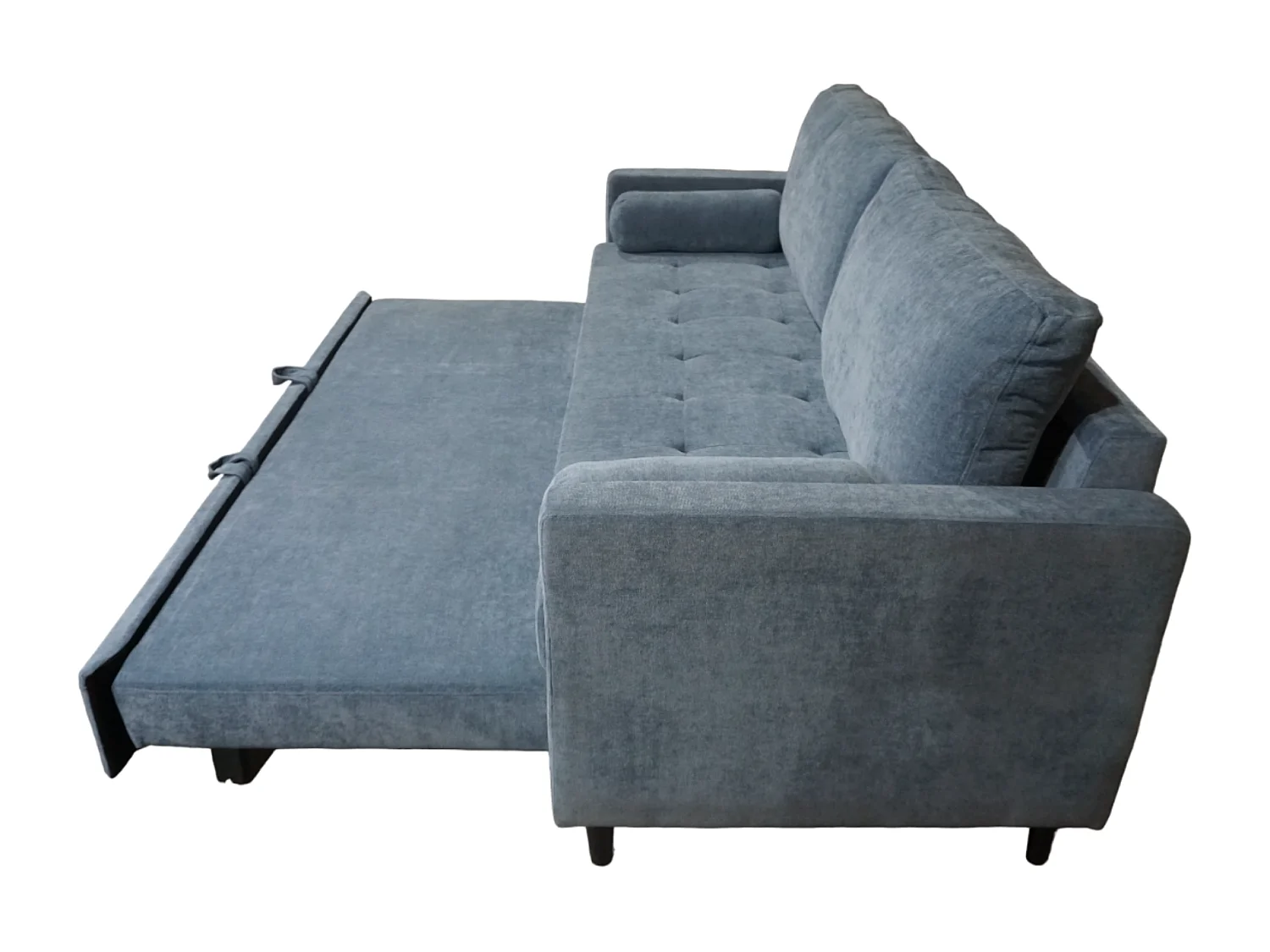 Sofá cama de 90x210x90-152 cm de tela super soft en color azul y patas negras Loli